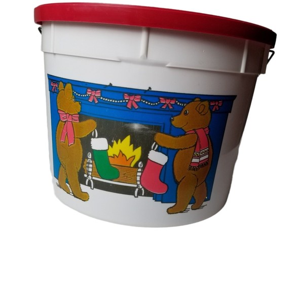 Vintage Christmas Bucket w Lid metal handle Holiday Shamrock Ind 5 Qt Teddy Bear - Picture 2 of 11